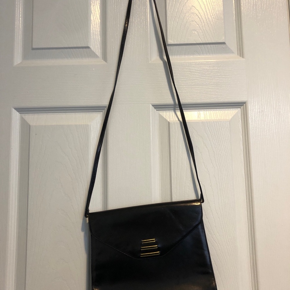 Vintage Bally Black Leather Crossbody Clutch with Gold Accent